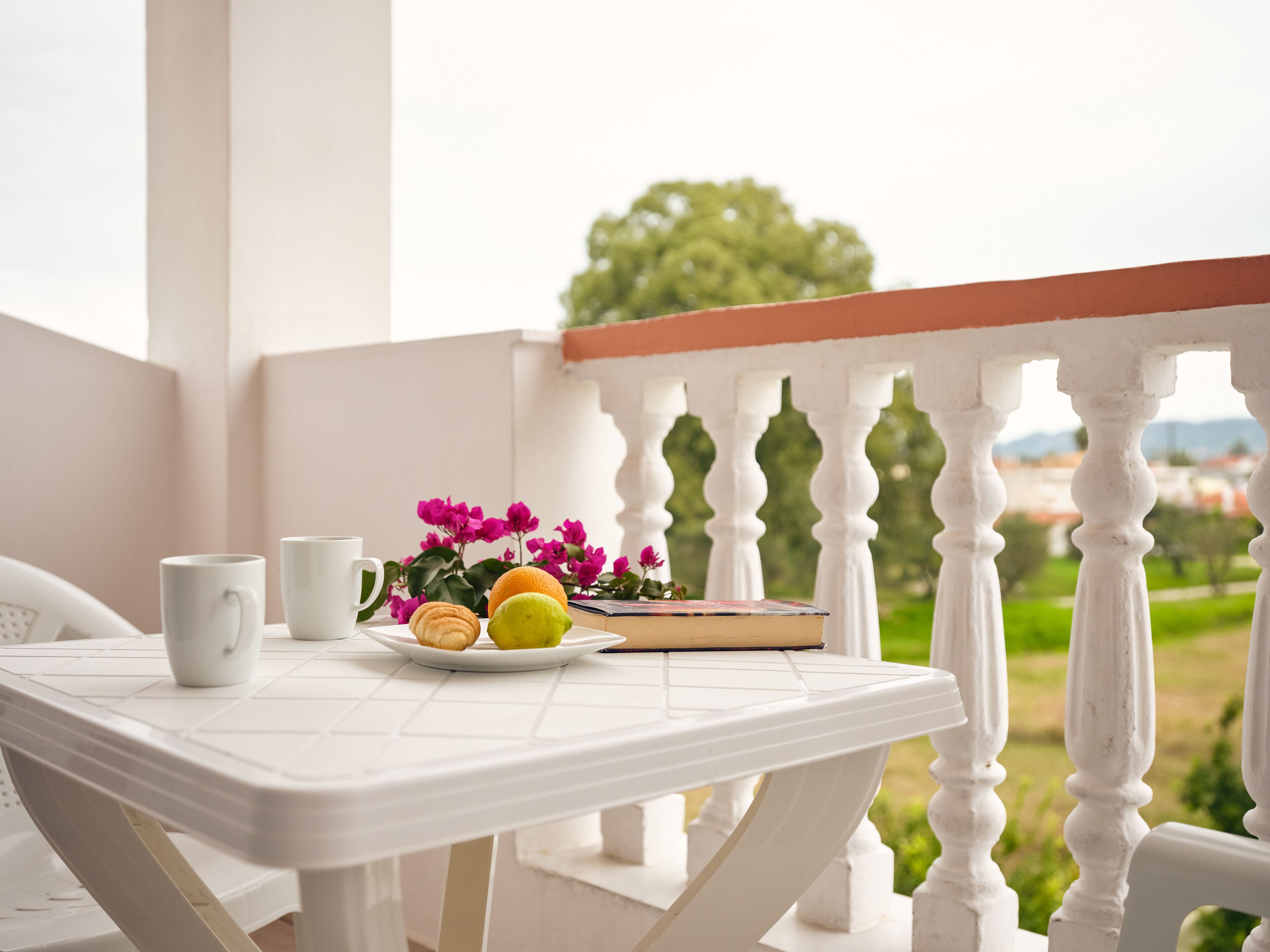 A balcony with a table set for breakfast, including a plate with fruits and flowers, and a view of greenery and buildings in the distance.
