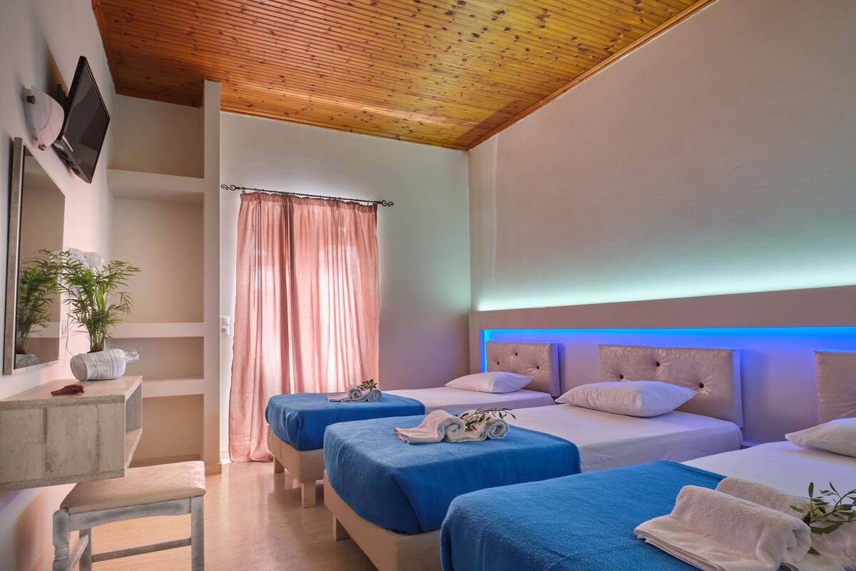 A hotel room with two beds, a wooden ceiling, a mirror, a plant, and a small table.