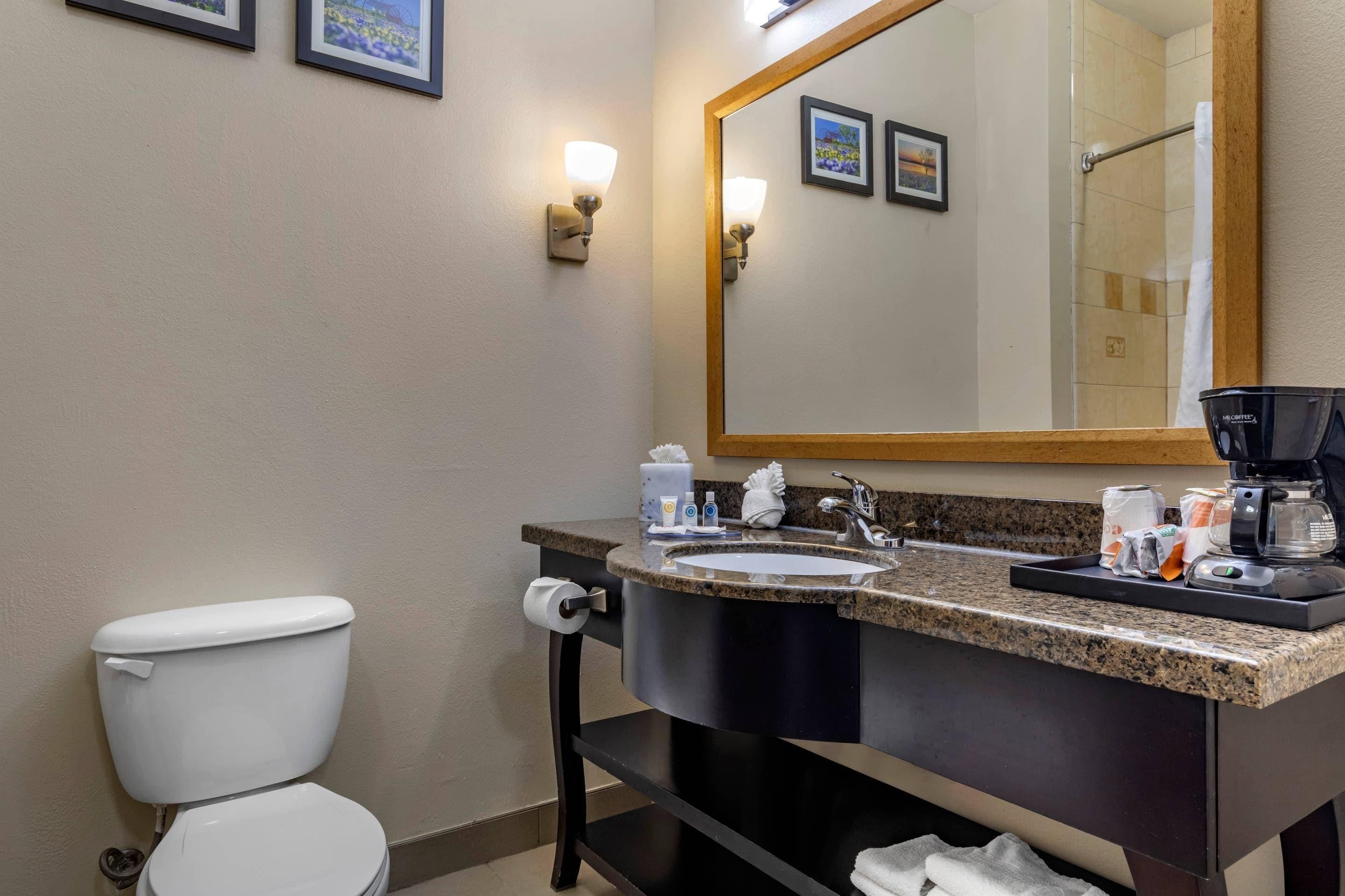 Un baño de hotel con inodoro, lavamanos y cafetera.