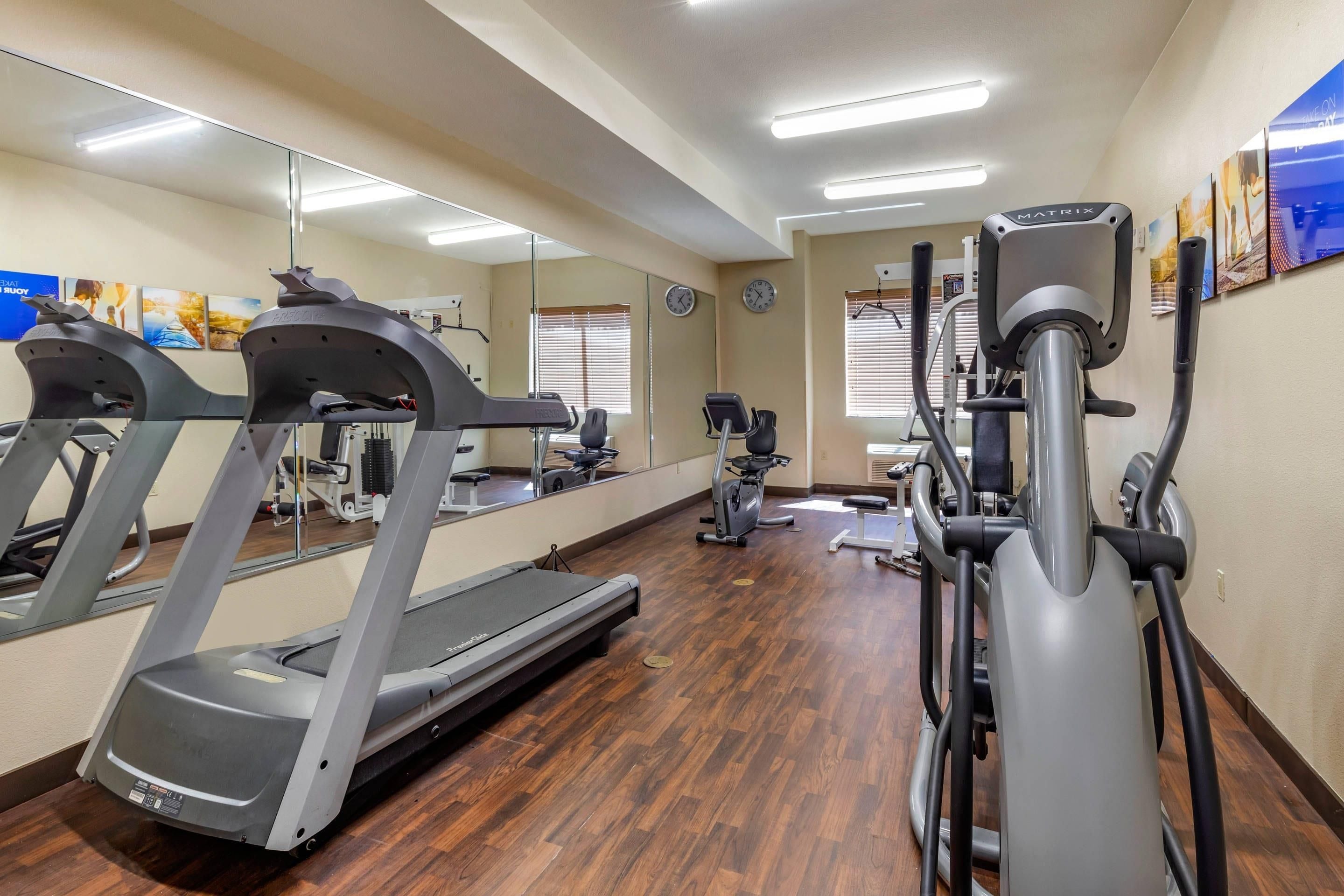 A gym with treadmills, stationary bikes, and exercise equipment.