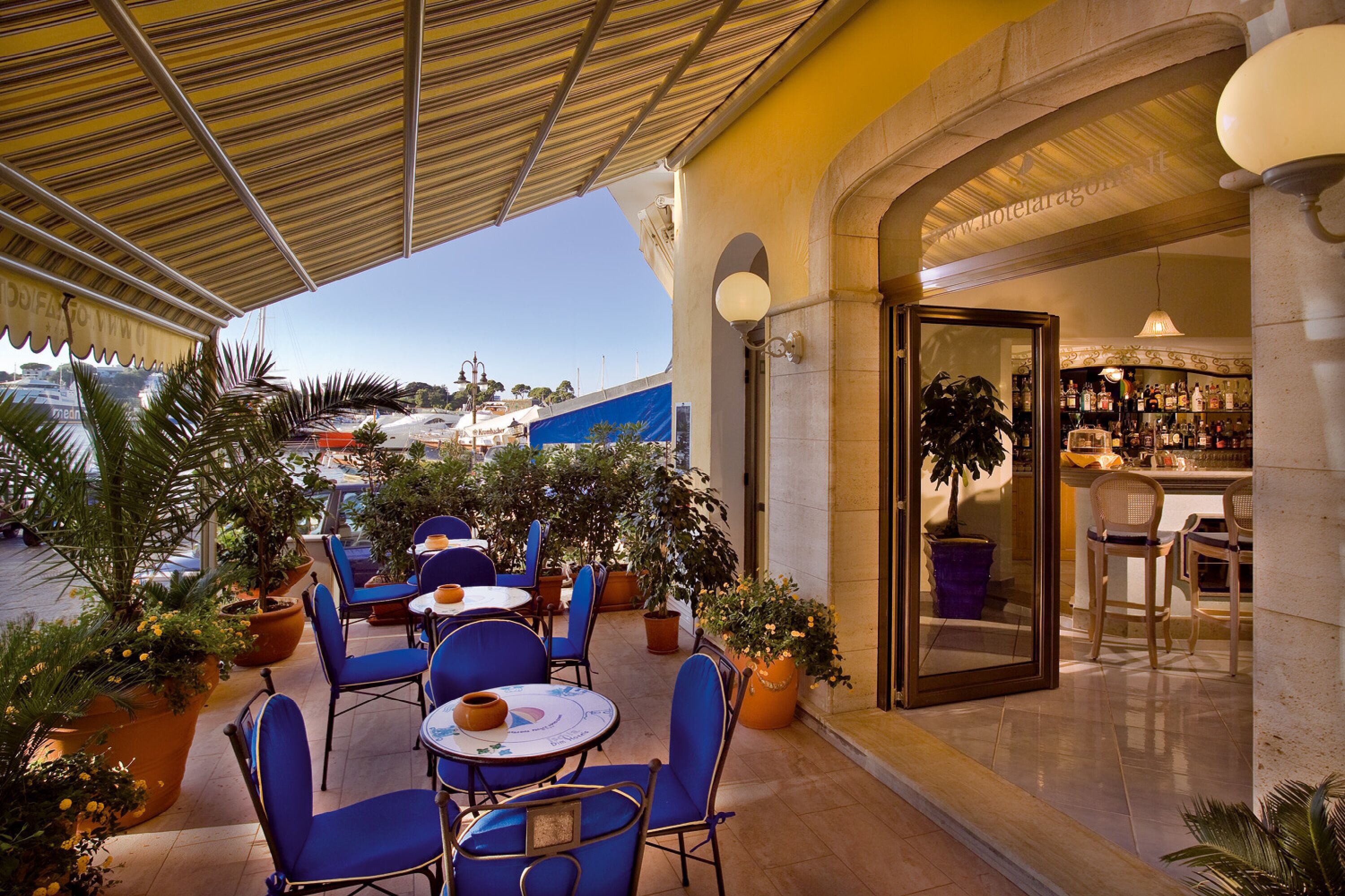 An outdoor seating area with tables and chairs, potted plants, and a view of the beach.