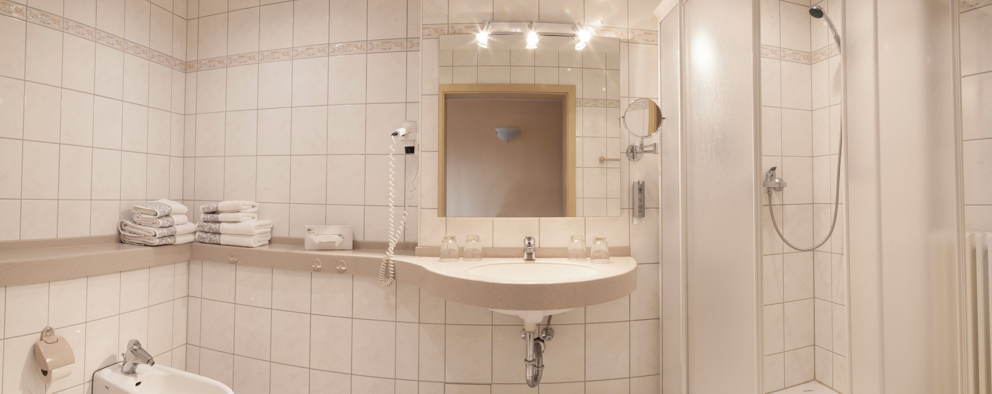 Een badkamer met een wastafel, spiegel, handdoekhouder en douche.