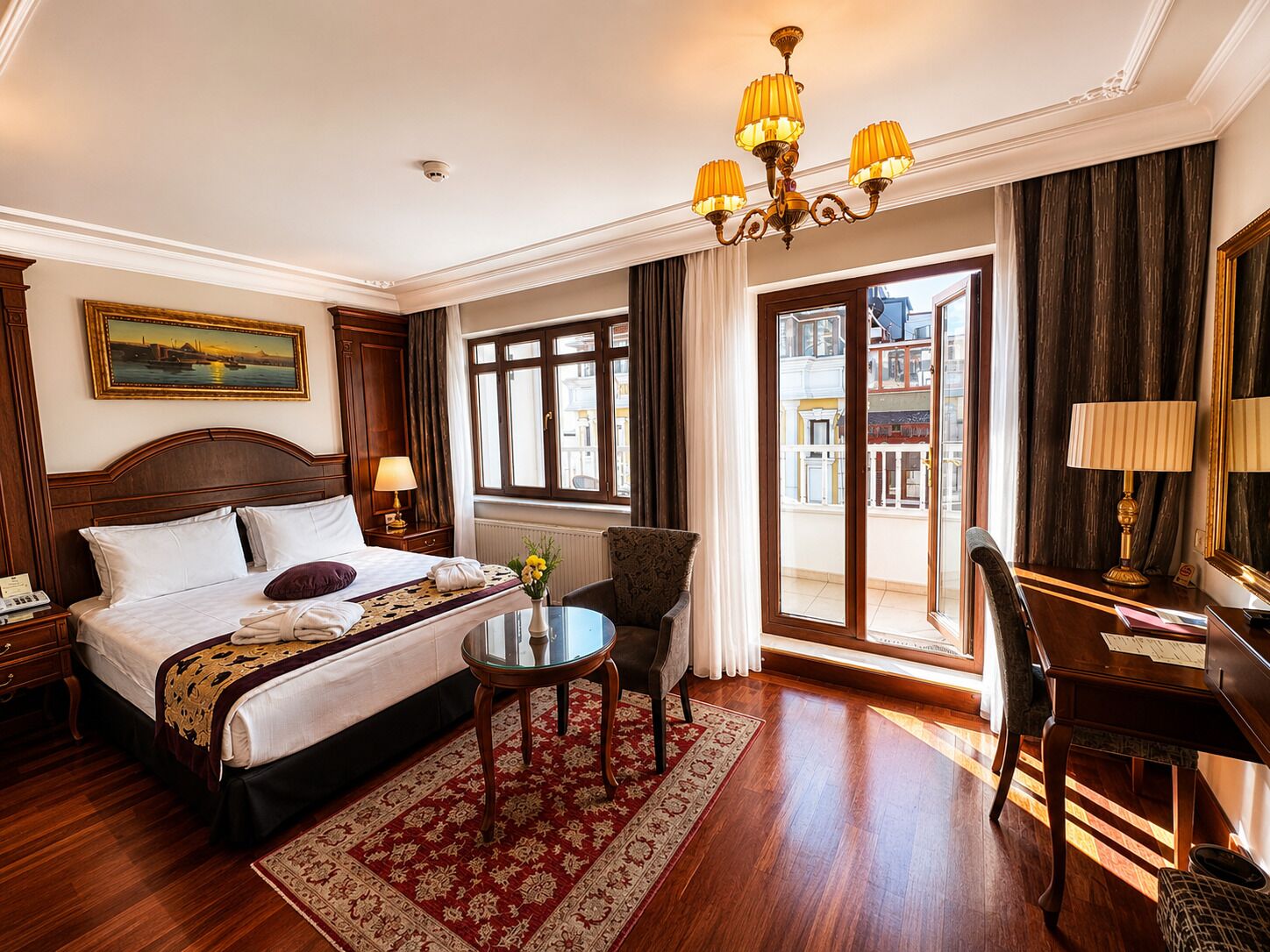 A hotel room with a large bed, a desk, a chair, a window with a view, and a chandelier.