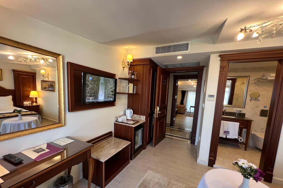 Une chambre d’hôtel dotée d’un grand miroir, d’une télévision, d’un bureau avec un ordinateur, d’une petite table sur laquelle est posé un vase de fleurs, et qui offre une vue sur l’espace de vie.
