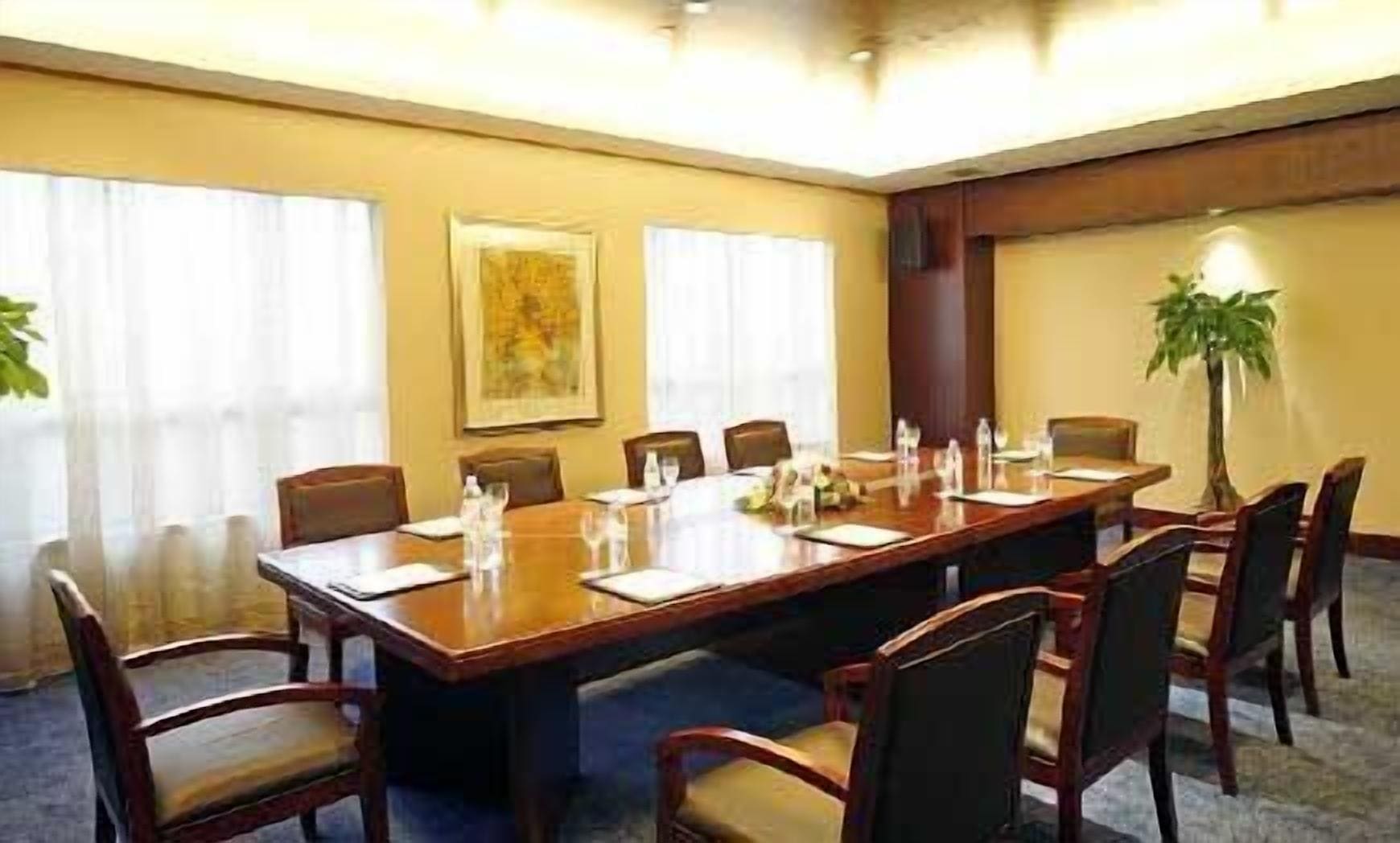 A conference room with a long table, chairs, and a potted plant.