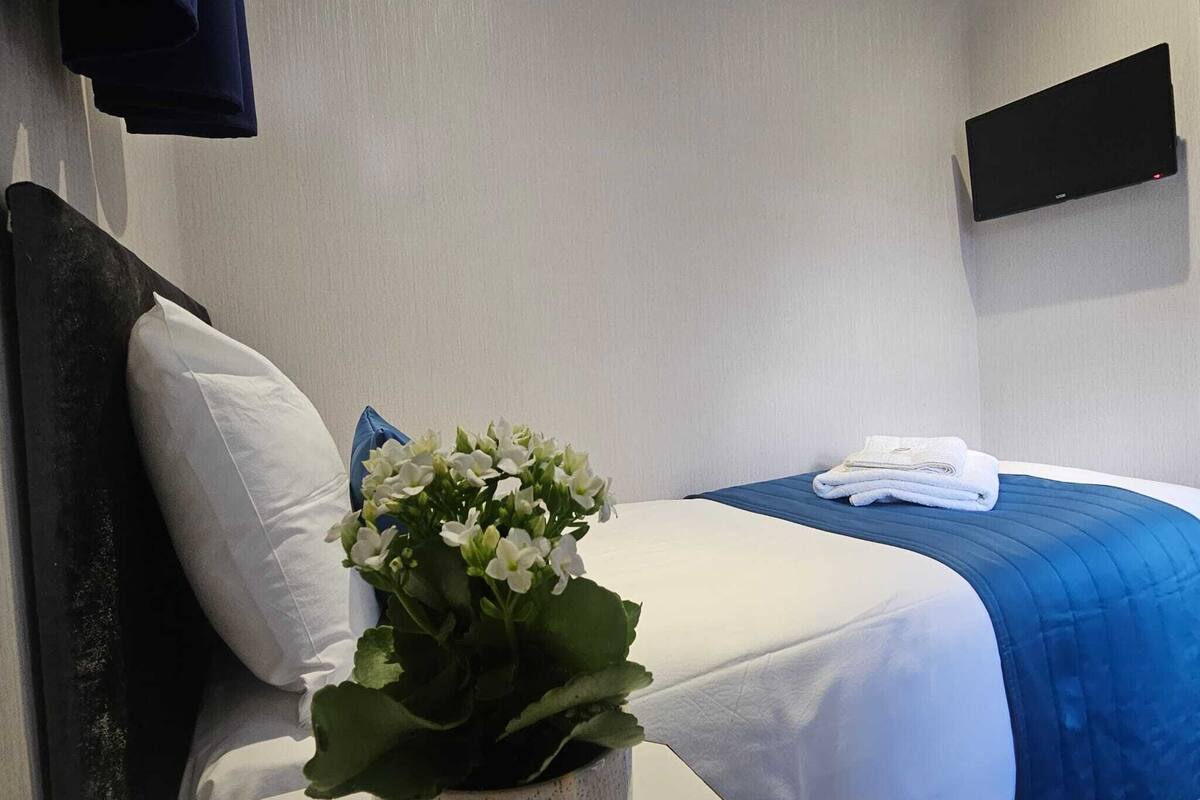 Una habitació d'hotel amb un llit, una taula petita amb una planta, una televisió a la paret i un llençol blau al llit.