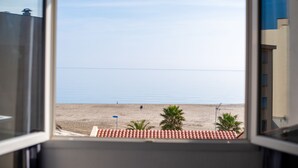 A view through a window of a beach with a sandy shore, a few palm trees, and a clear sky. - Le Regina (Canet-en-Roussillon)