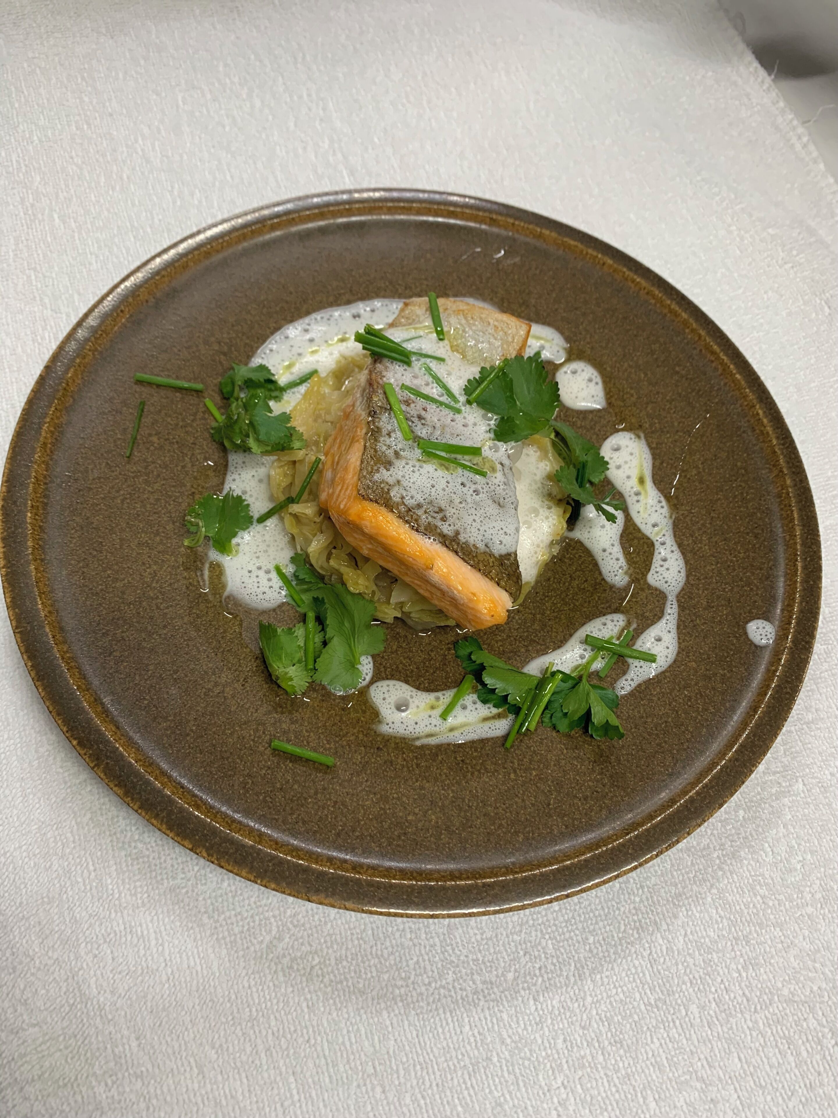 A plate with a piece of salmon, garnished with herbs, on a textured brown plate.