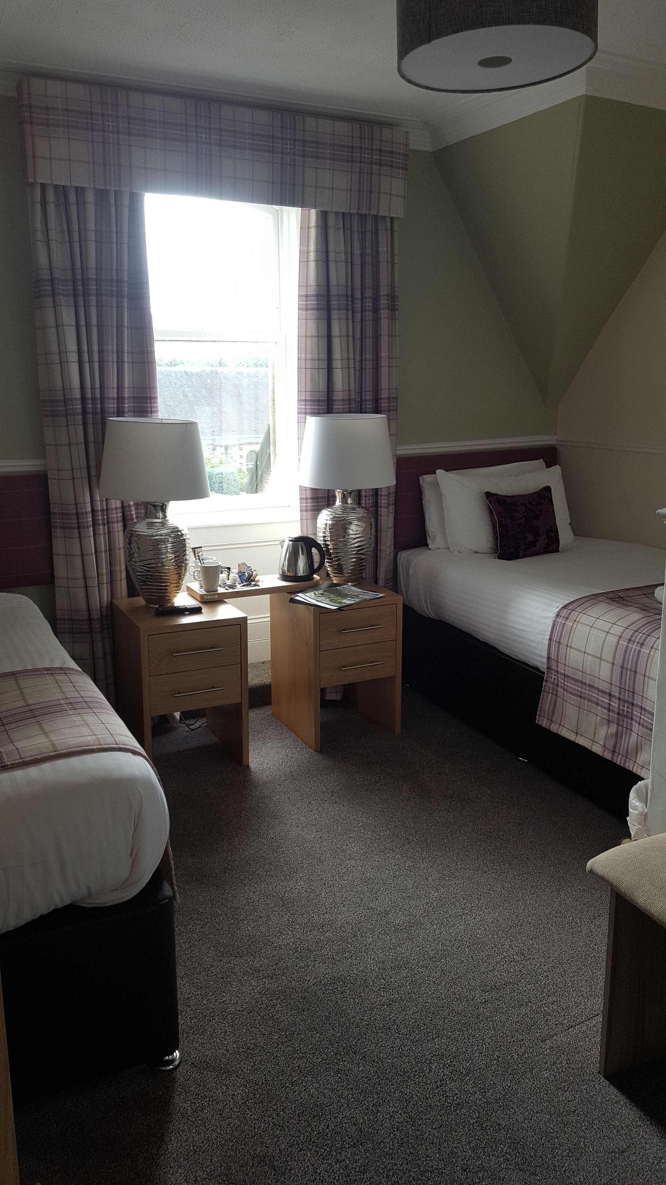A hotel room with two beds, a window with curtains, a lamp, a bedside table, and a carpeted floor.