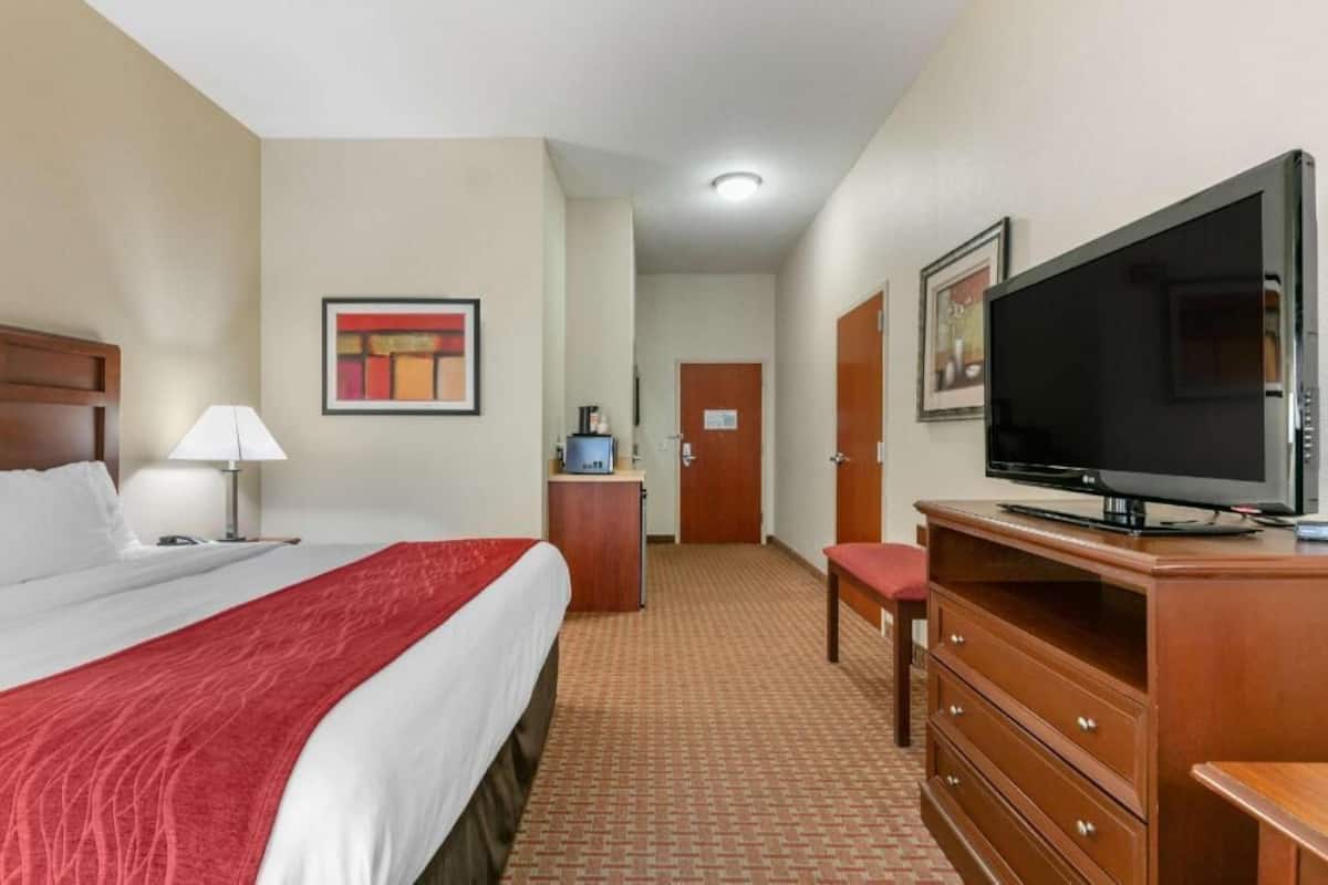 Una habitación de hotel con cama, televisión, escritorio con lámpara, cómoda y un cuadro en la pared.