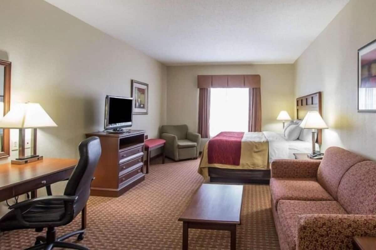 Una habitación de hotel con cama, escritorio, silla, televisión y dos lámparas.