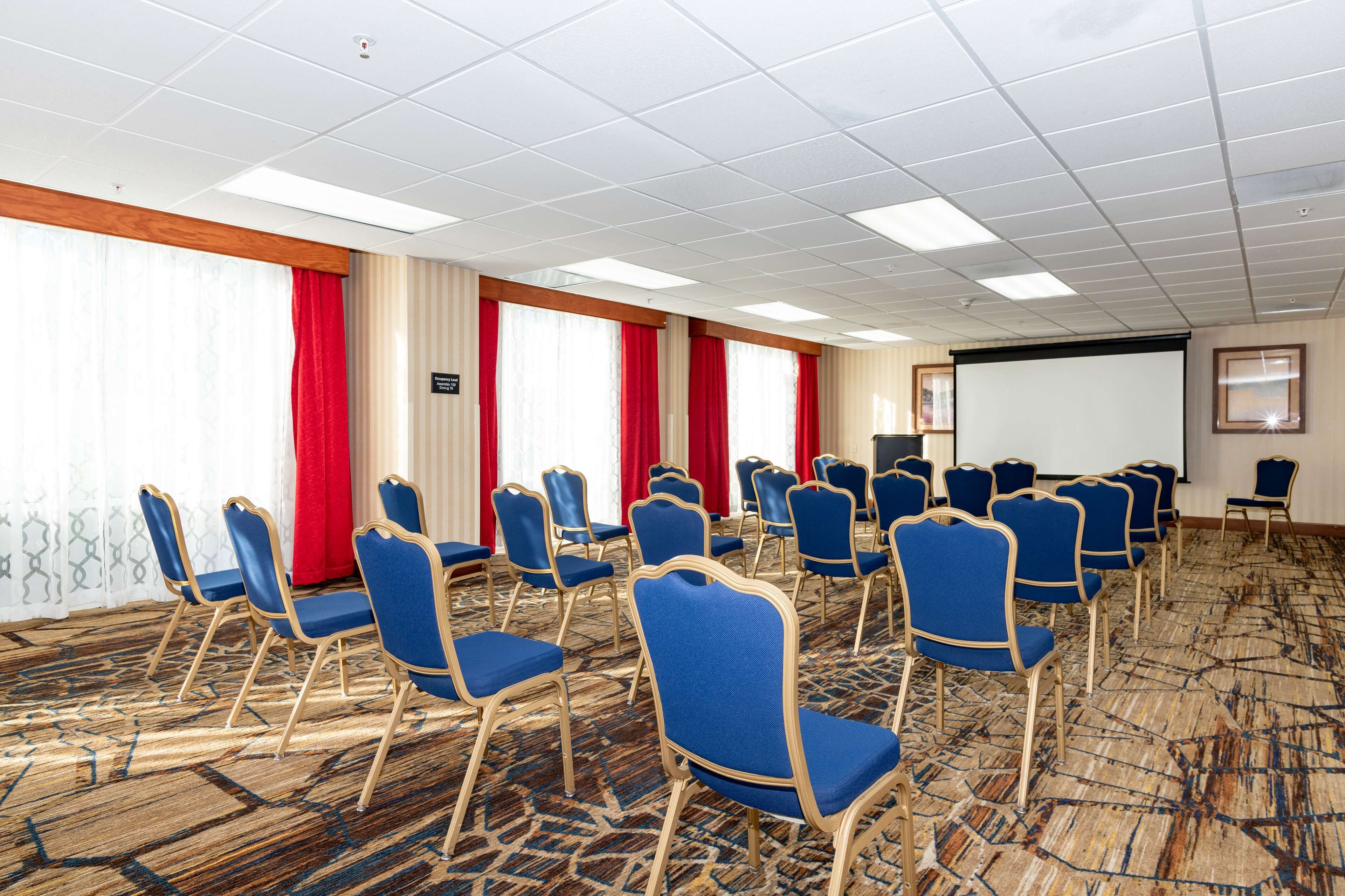 A conference room with rows of blue chairs, a projector screen, and a carpeted floor.