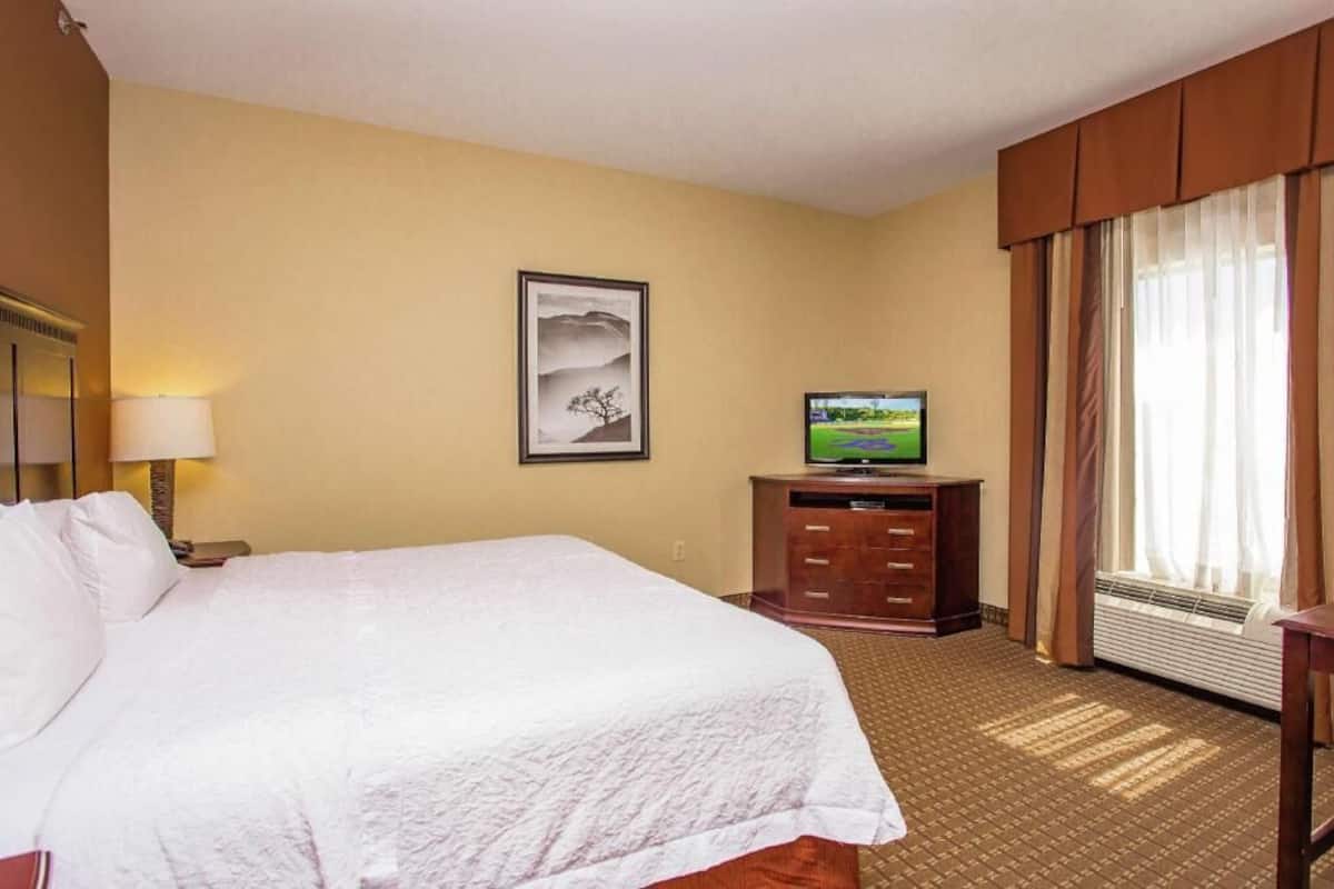Ein Hotelzimmer mit Bett, Fernseher, einem gerahmten Bild an der Wand und einem Fenster mit Vorhängen.