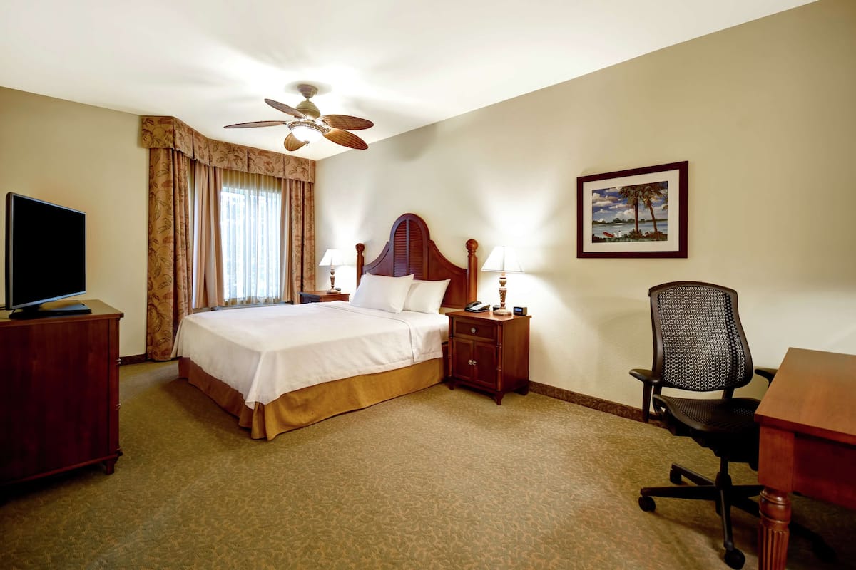 A hotel room with a bed, a desk, a chair, a ceiling fan, a TV, and a framed picture on the wall.