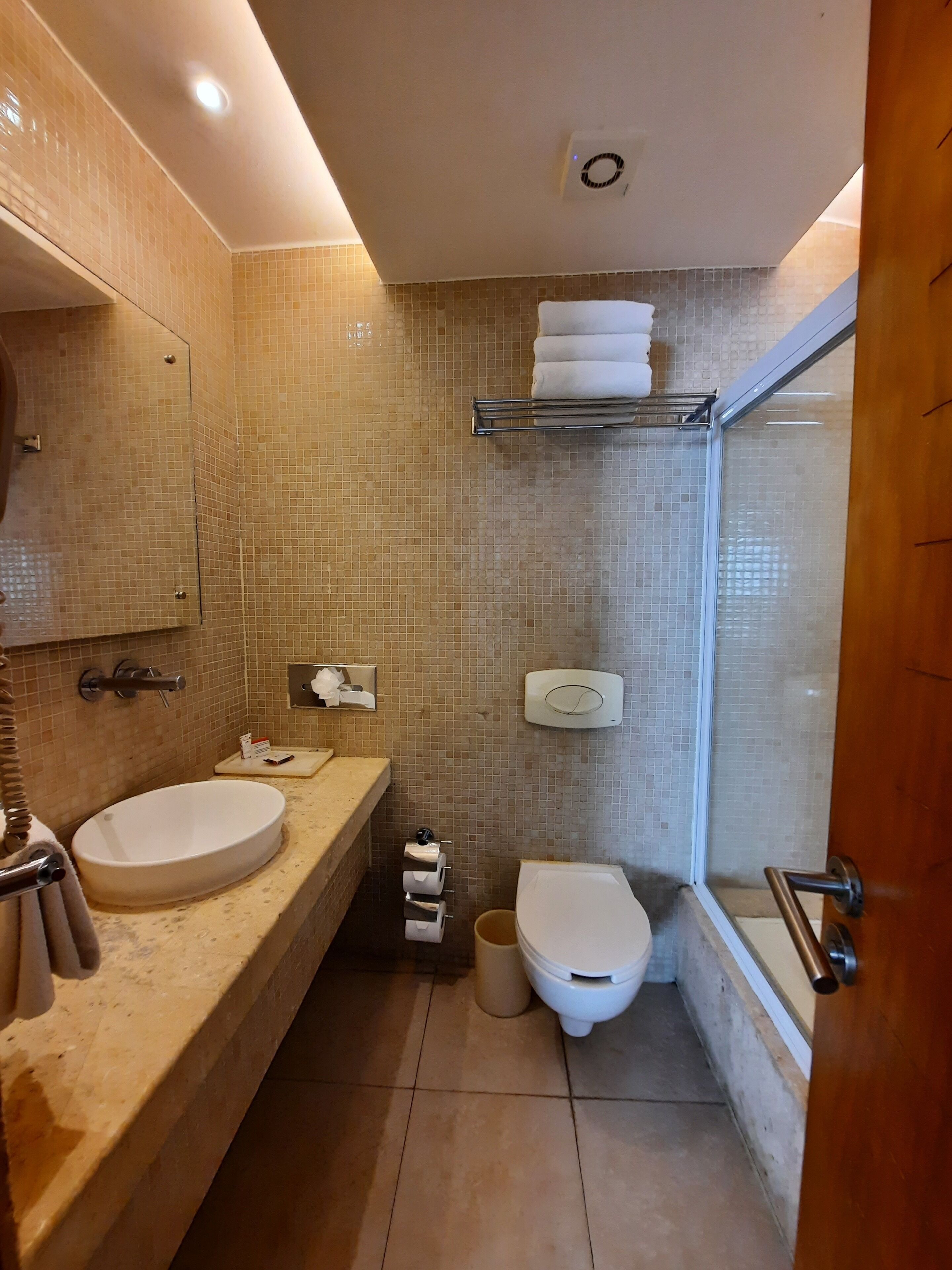 Un bagno piccolo ma funzionale, con lavandino, servizi igienici e zona doccia.
