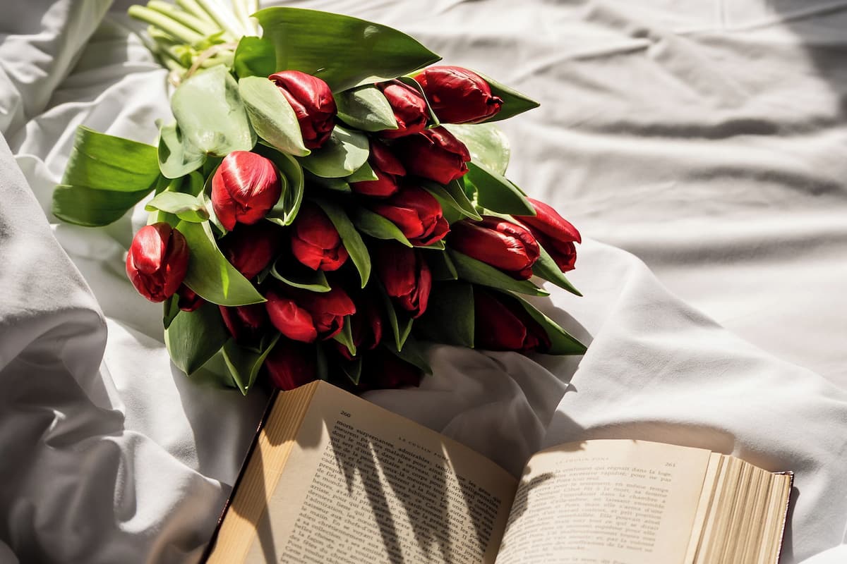 A bouquet of red tulips on a bed with an open book.