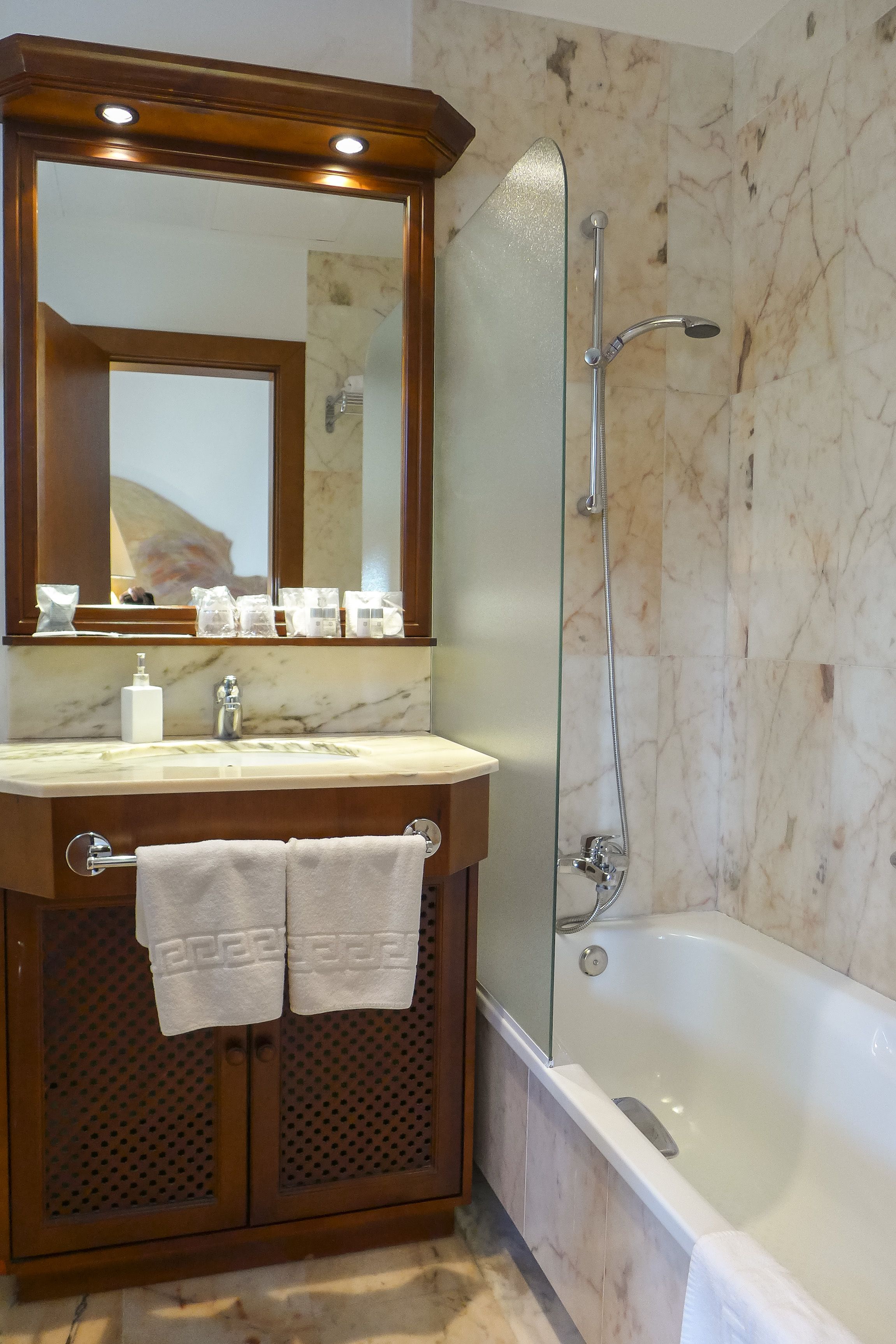 combined shower/bathtub, free toiletries, hair dryer, bidet