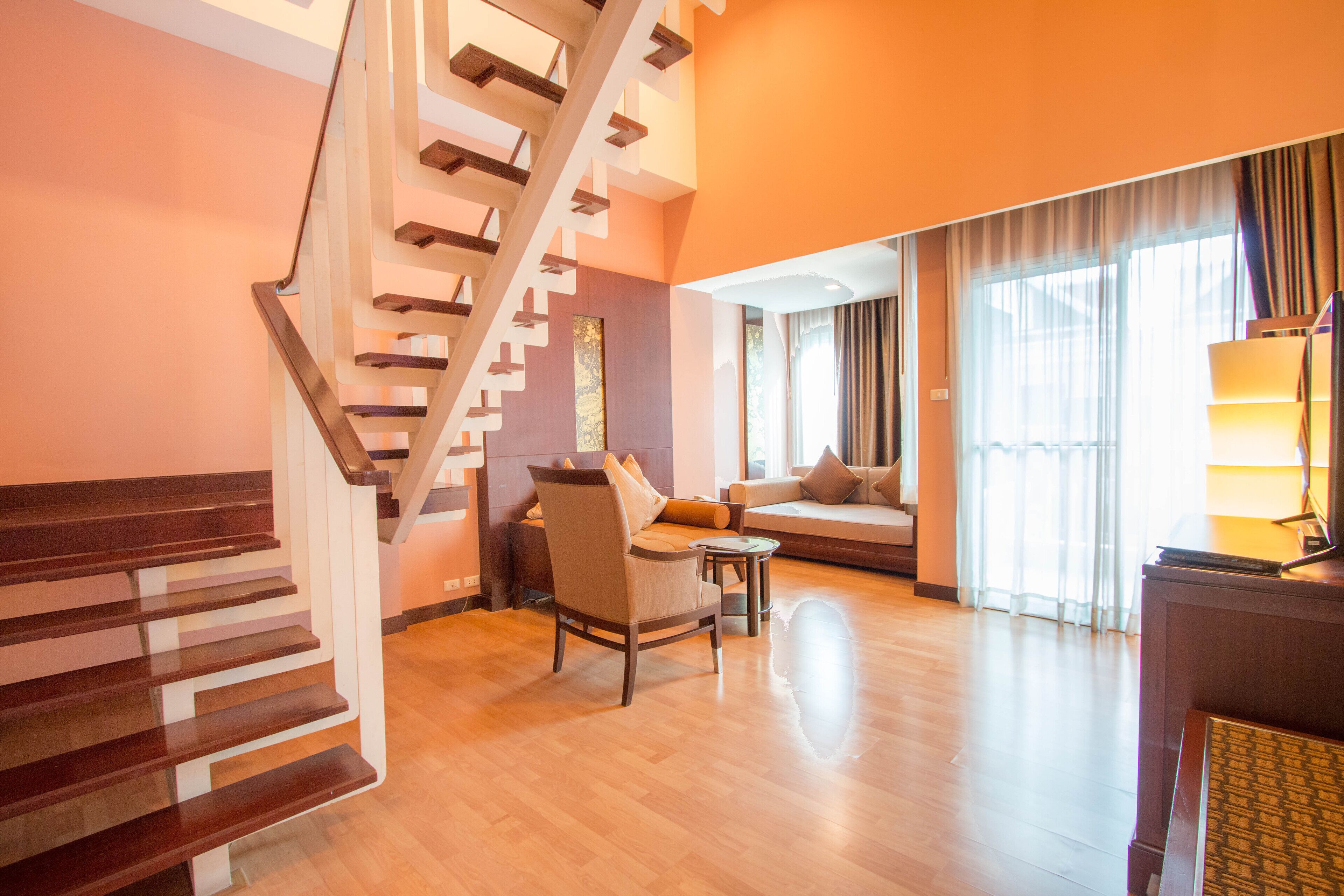 duplex pool view | living area | pay films