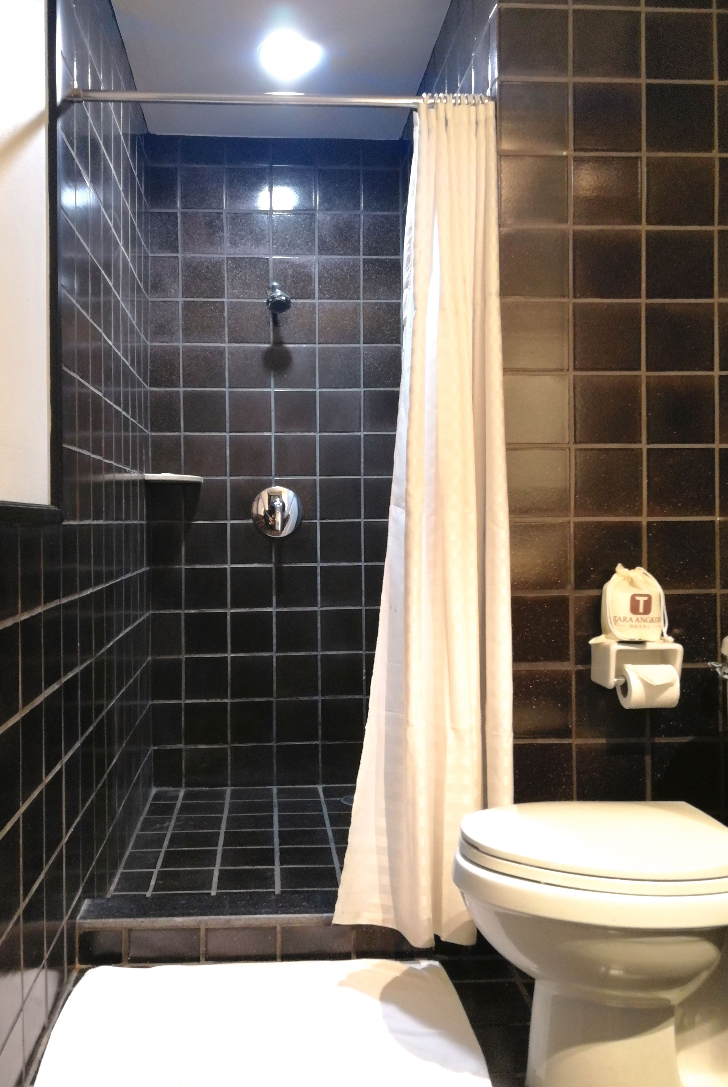 A bathroom with a shower, toilet, and a towel dispenser.