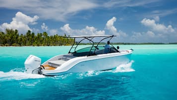 A white motorboat with a canopy, moving through turquoise waters with a backdrop of palm trees and a clear sky.