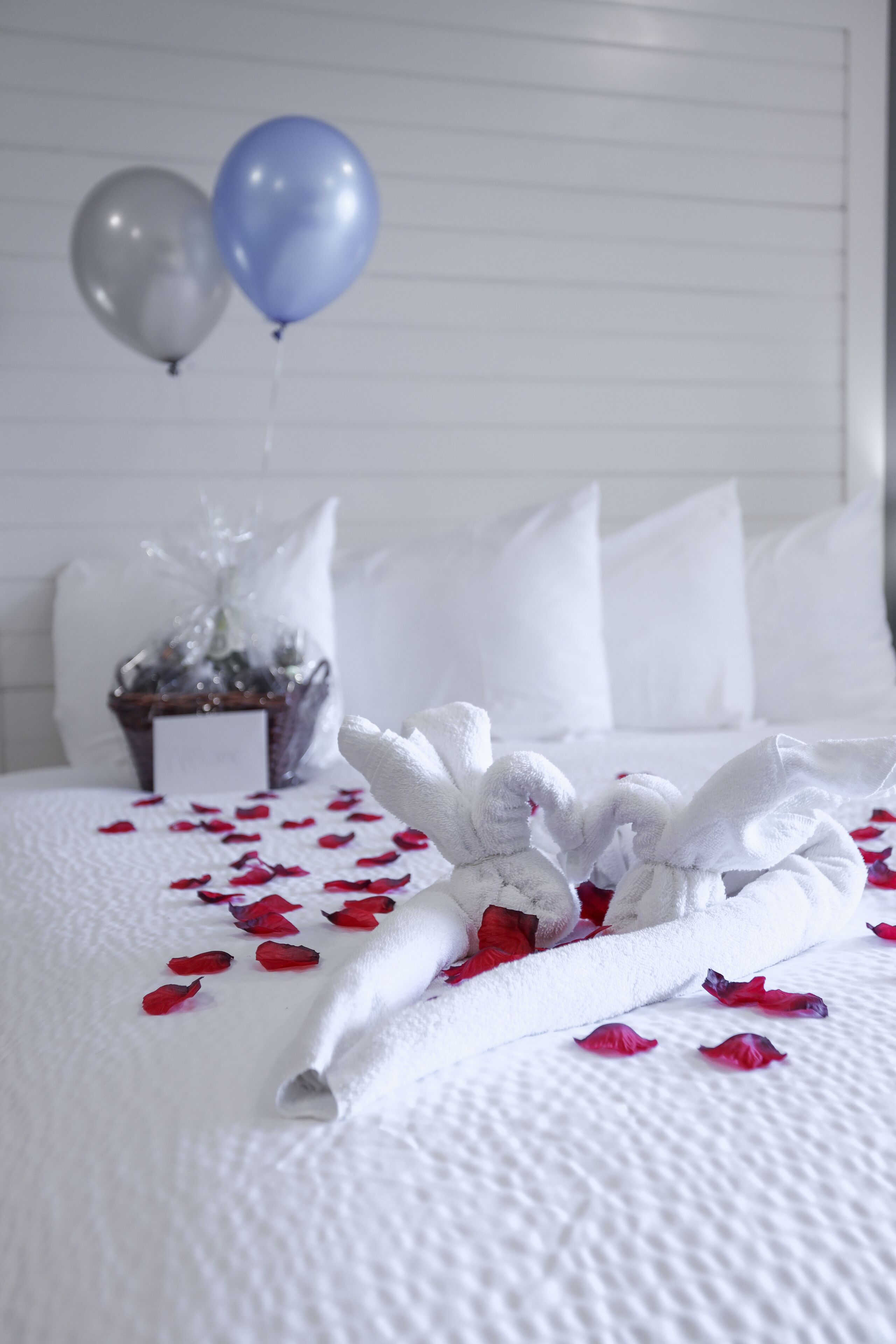 A neatly made bed with white linens, red rose petals scattered on the surface, and a white towel with a bow. In the background, there is a basket with a gift and two balloons, one silver and one blue.