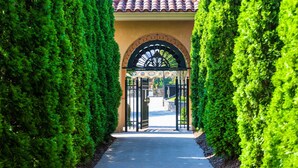 Un sendero conduce a una entrada con puerta de rejas, techo de tejas y un arco decorativo.