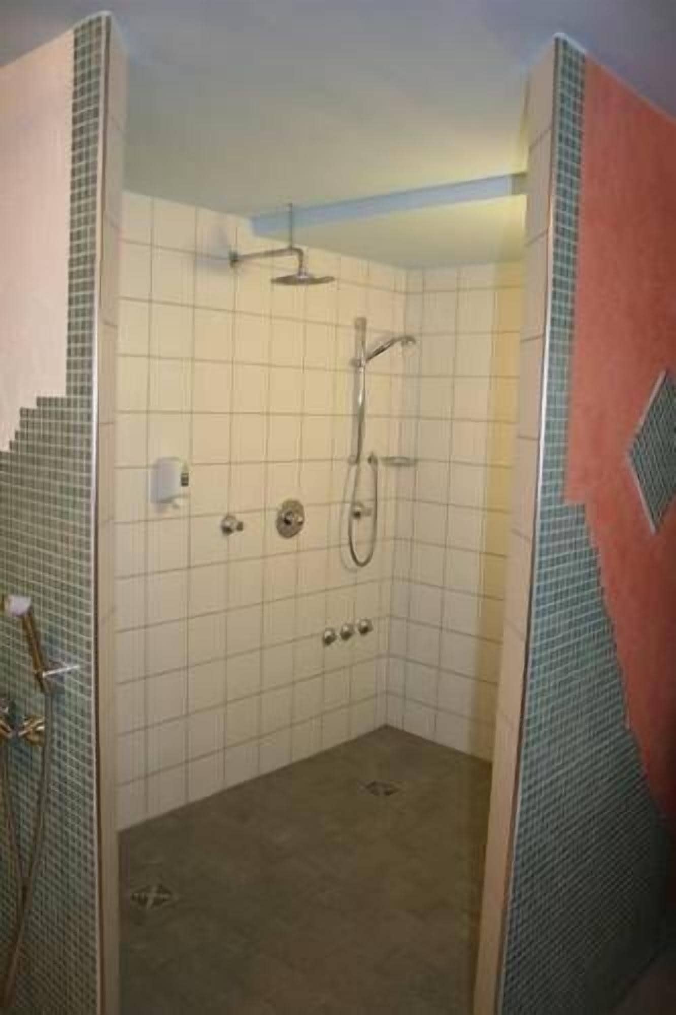 Une petite salle de douche carrelée, équipée d’une seule pomme de douche et d’un pommeau de douche amovible.