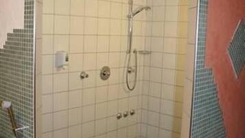 A small, tiled shower room with a single showerhead and a handheld shower attachment.