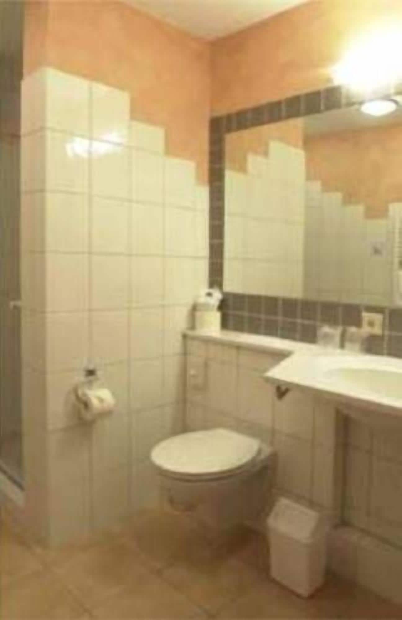 Ein kleines Badezimmer mit Toilette, Waschbecken und Spiegel.