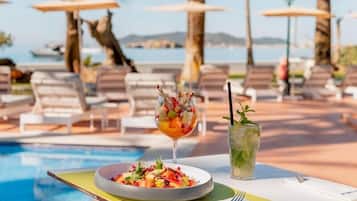 Indoor pool, outdoor pool, pool umbrellas, sun loungers