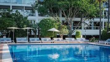 Indoor pool, outdoor pool, pool umbrellas, sun loungers