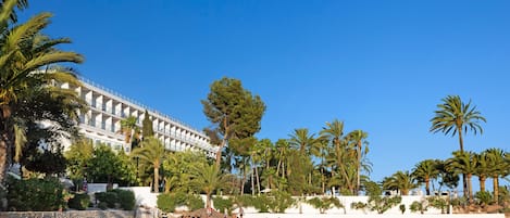 Un hôtel situé en bord de mer, doté d’une piscine, de palmiers et surplombant un ciel bleu azur.