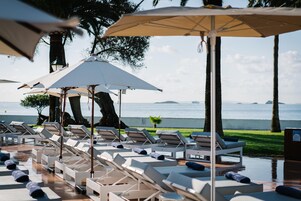 Indoor pool, outdoor pool, pool umbrellas, sun loungers