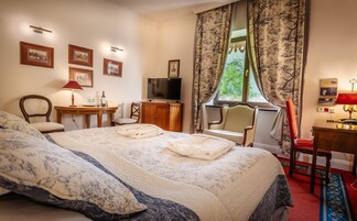 Una habitación de hotel con una cama grande, un escritorio, un televisor y cuadros en la pared.