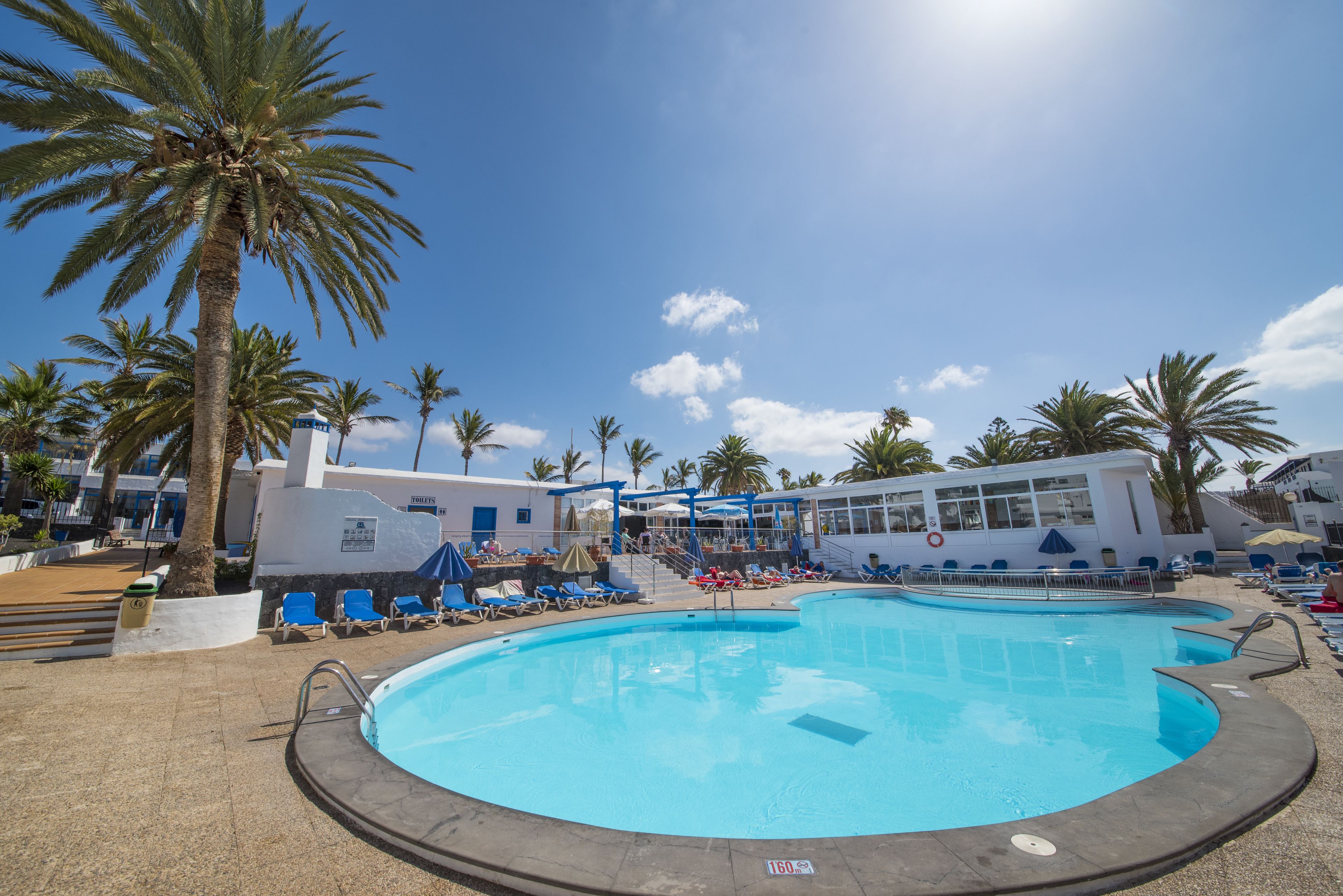 Un espace piscine agrémenté de palmiers, de chaises longues et d’un bâtiment surmonté d’un toit bleu.
