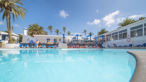 Una piscina con sillones de descanso y sombrillas, rodeada de palmeras y un edificio con grandes ventanales.