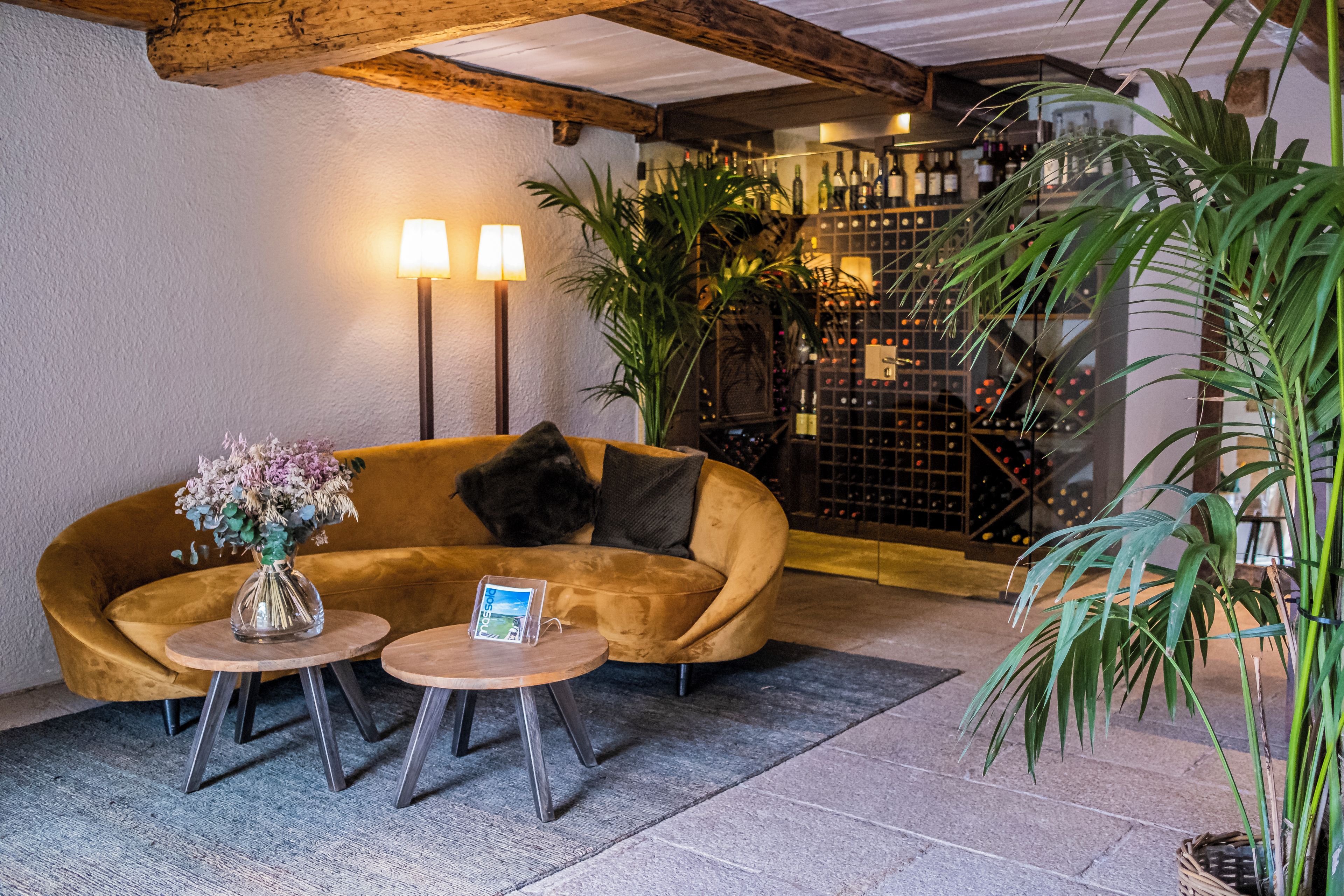 A cozy lounge area with a curved sofa, two round tables, and a potted plant.