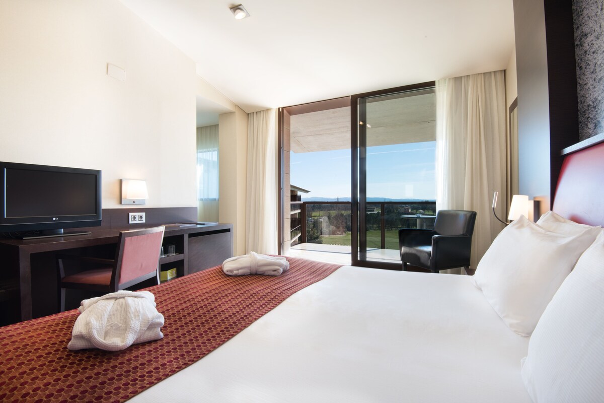 Habitación de hotel con una cama grande, un escritorio con televisor, una silla y vistas al exterior.