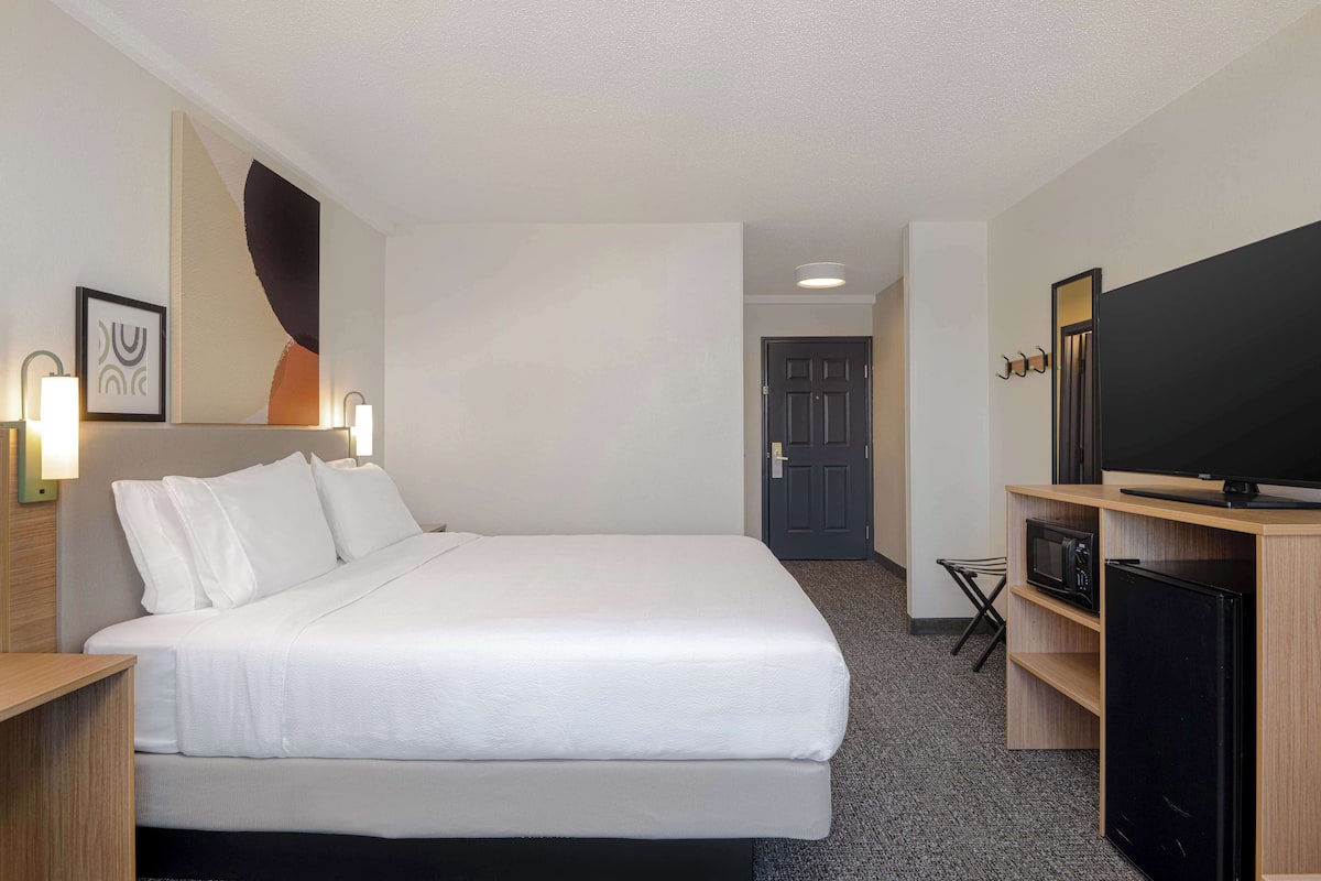 Una habitación de hotel con una cama grande, televisión, microondas y un escritorio pequeño.