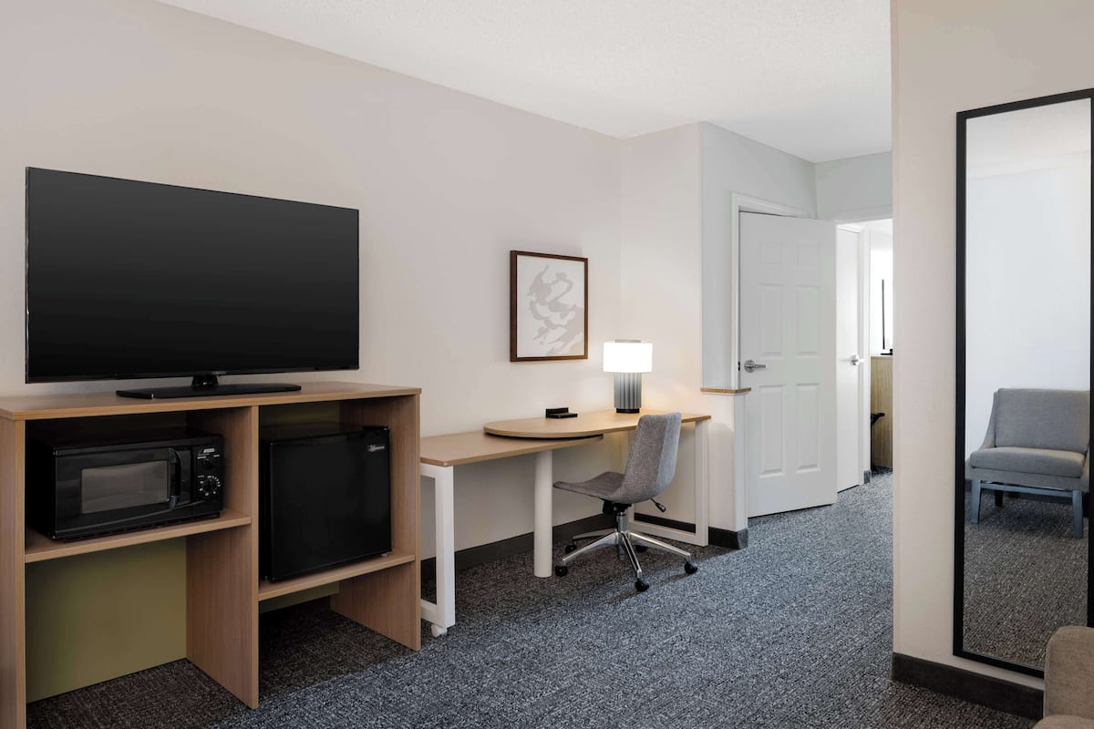 Habitación de hotel con televisión de pantalla plana, microondas, escritorio con silla, un cuadro enmarco y espejo.