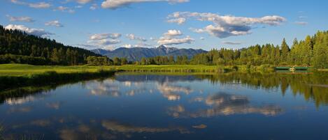 A calm lake with a reflection of the sky and mountains, surrounded by greenery and a wooden dock.