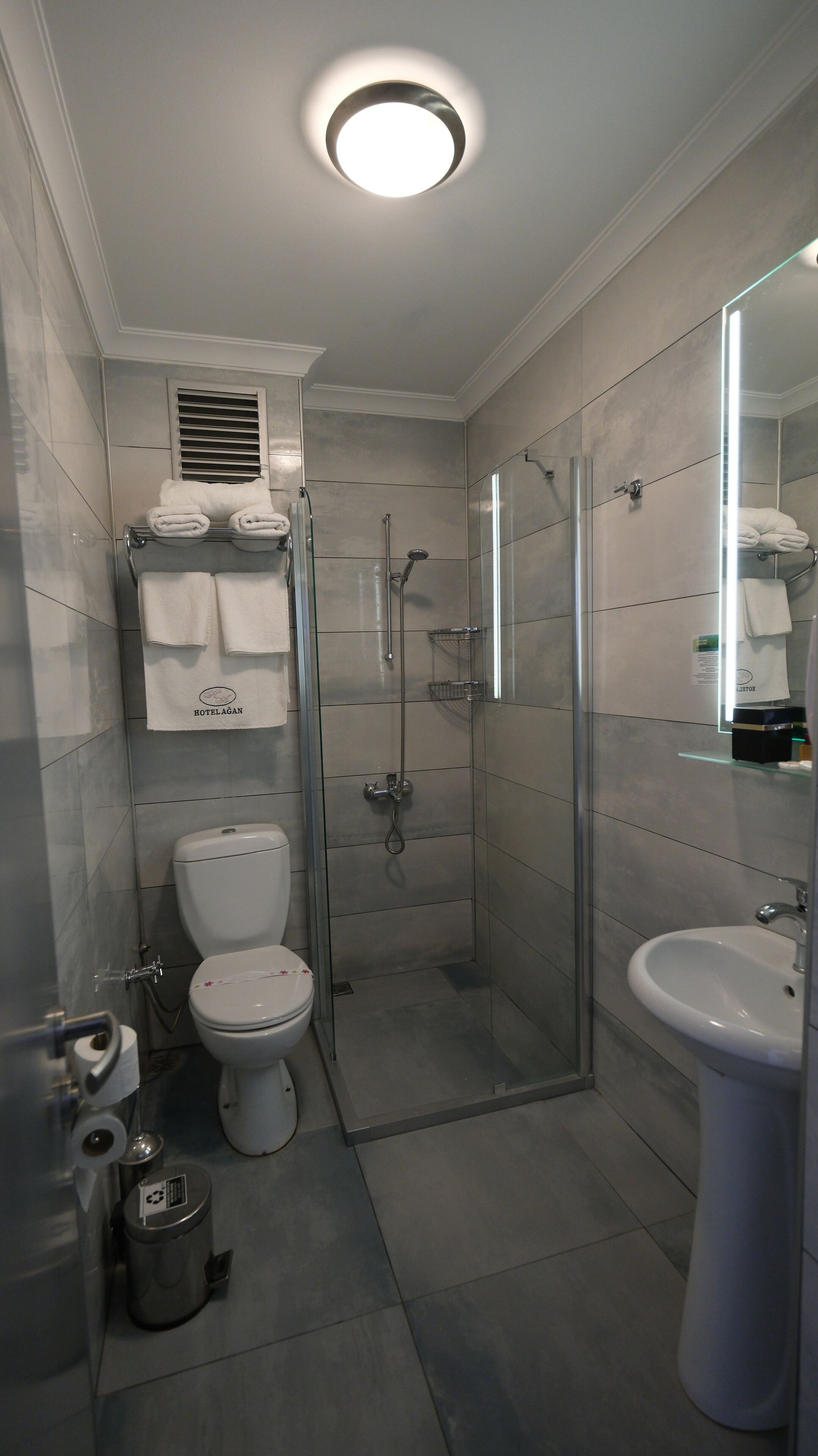 Une salle de bain moderne équipée de toilettes, d’une douche et d’un lavabo.