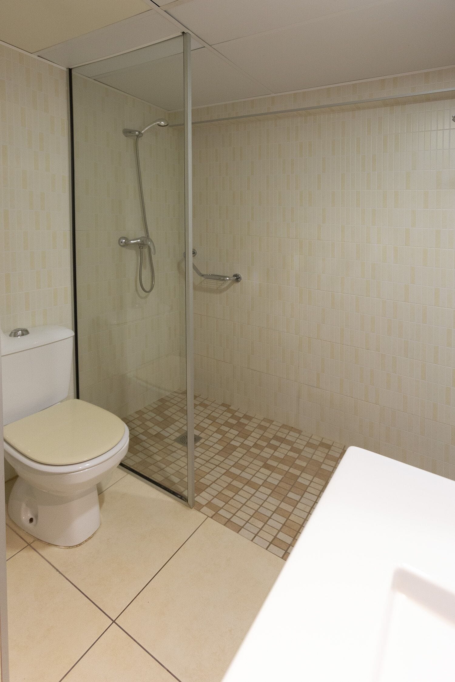 Een badkamer met toilet, een douche met glazen deur en een betegelde vloer.