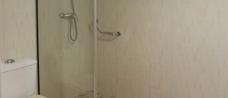 Un baño con inodoro, ducha con puerta de vidrio y piso de baldosas.