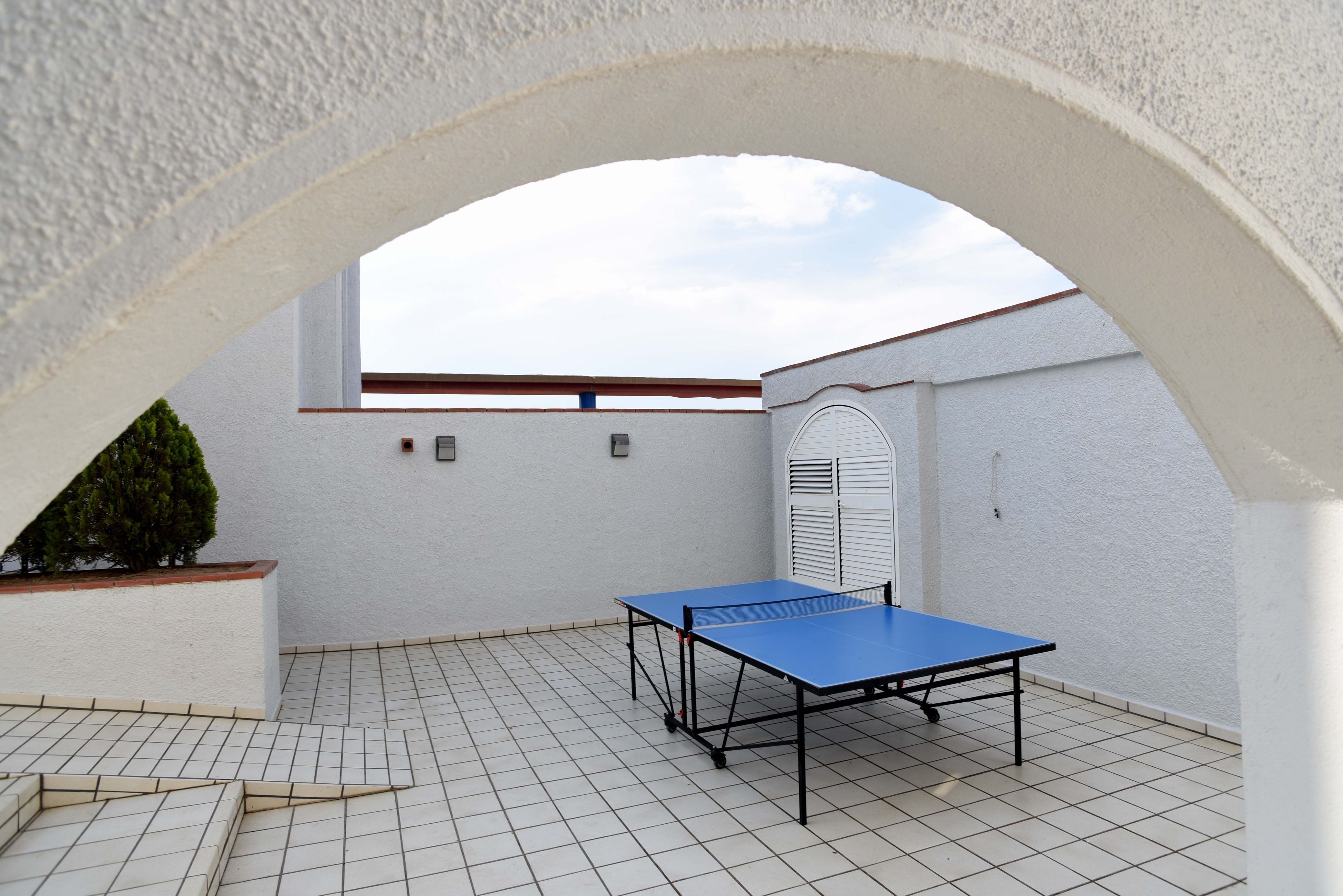 Ein Tischtennis-Tisch in einem Außenbereich mit Fliesenboden, weißen Wänden und einem kleinen Baum.