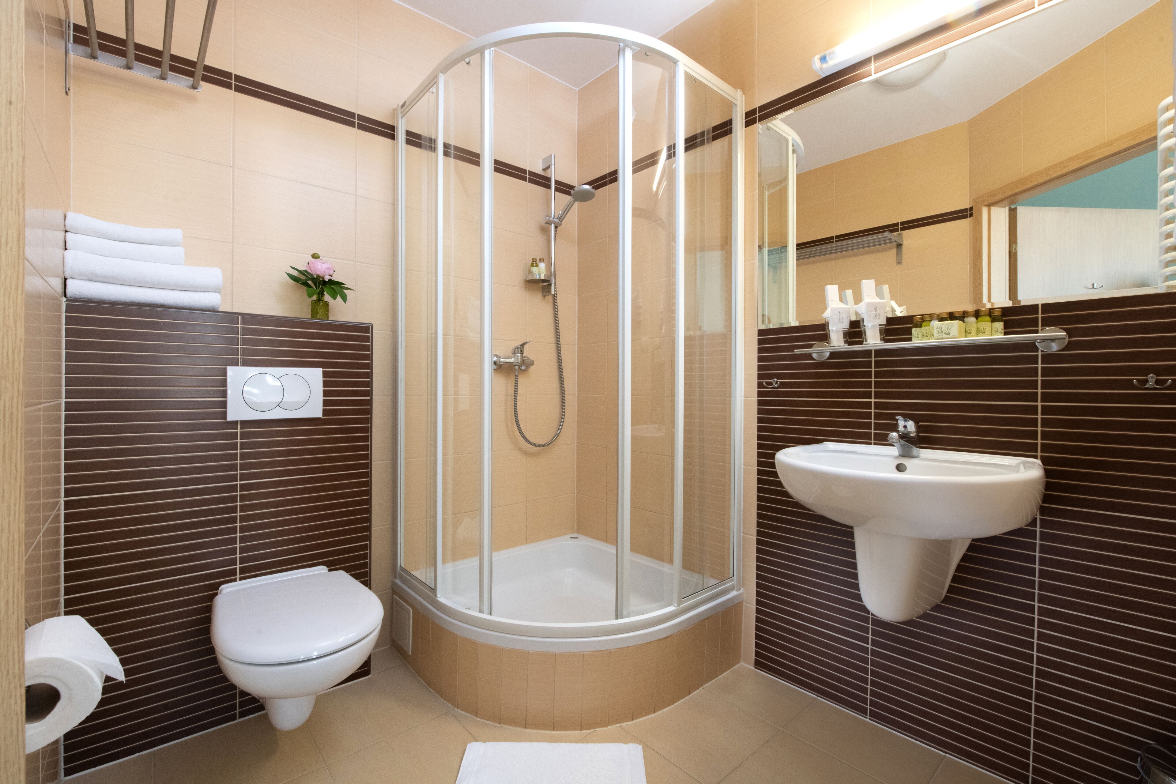 shower, eco-friendly toiletries, hair dryer, towels