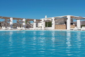 Outdoor pool, pool umbrellas, pool loungers