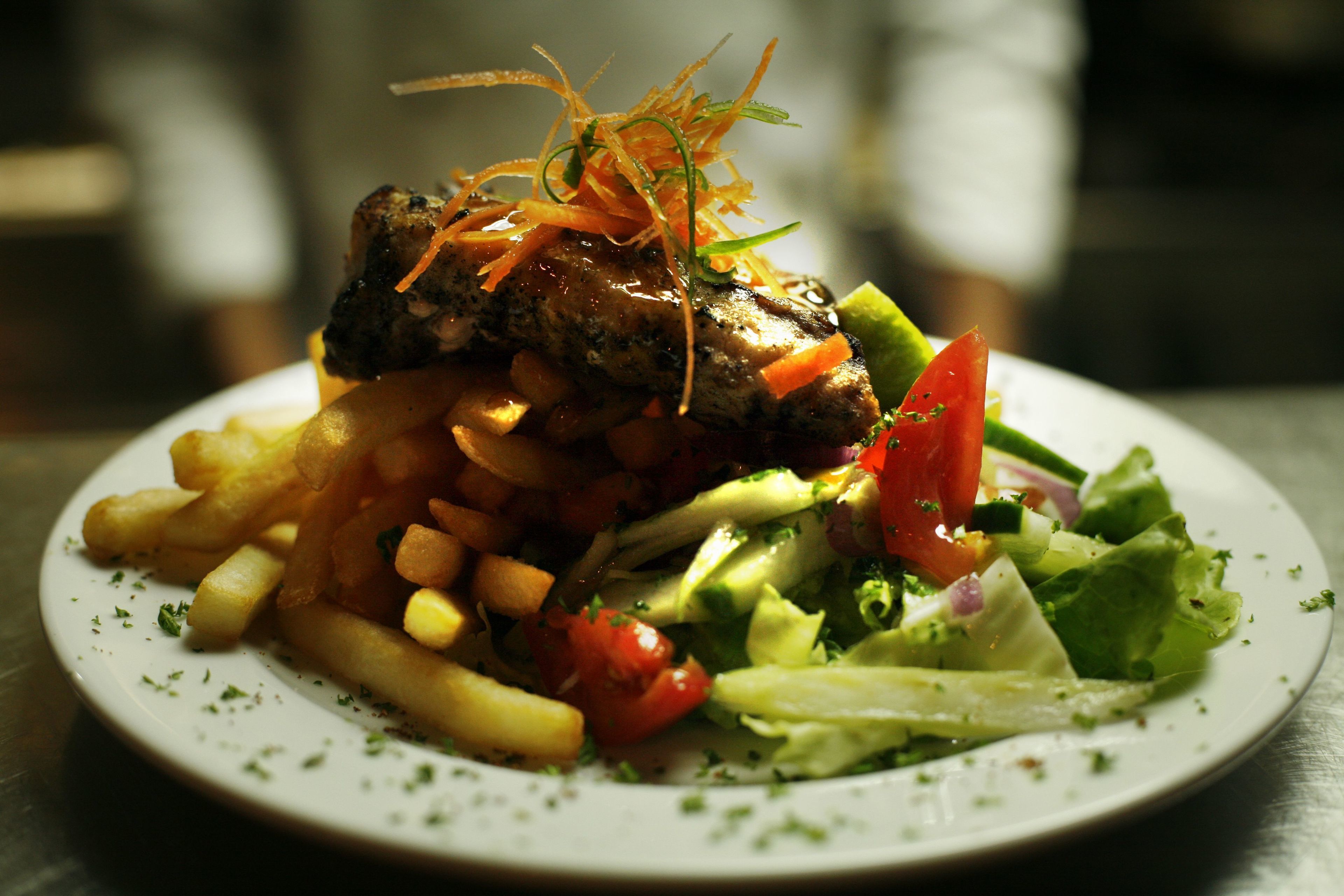 Ein Teller mit gegrilltem Fleisch, Pommes und Salat.