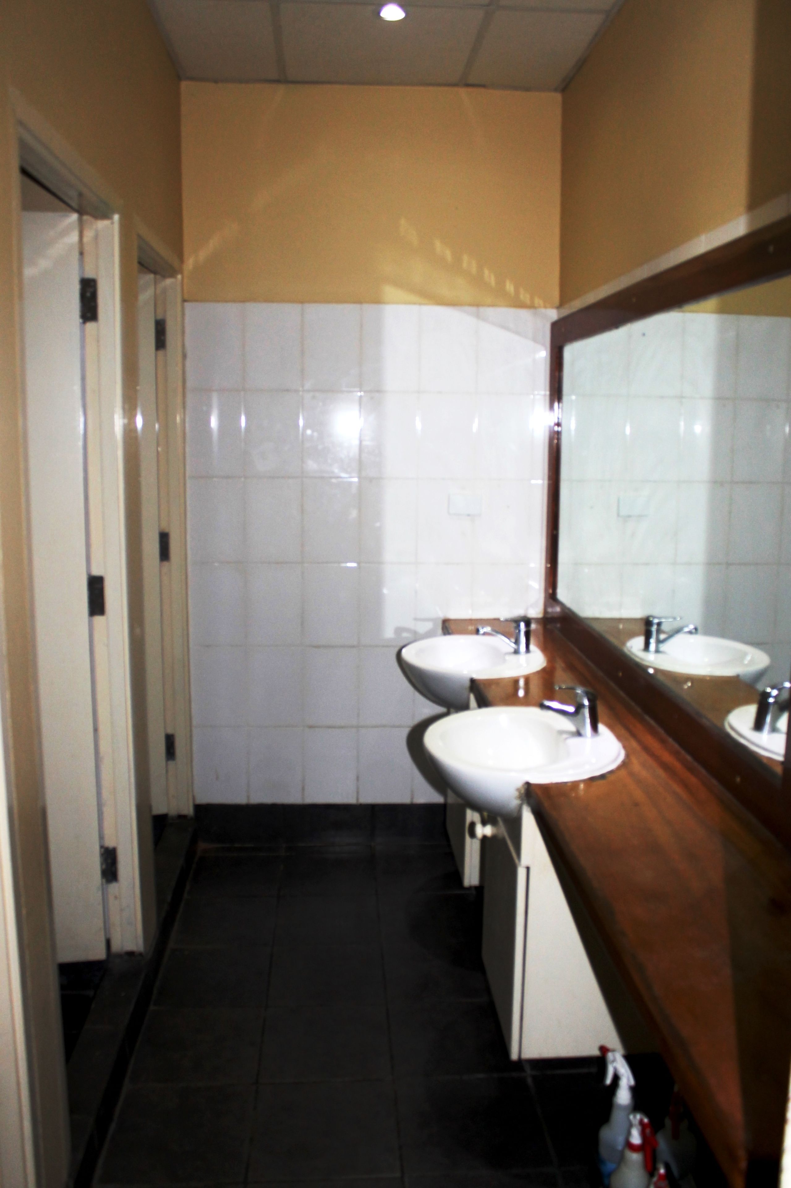 Un baño con dos lavamanos, un espejo y una pared con azulejos.
