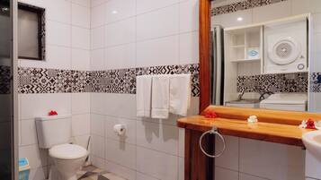 Un baño con inodoro, lavamanos y espejo.